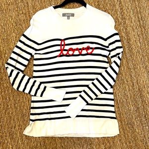 Marled lightweight sweater stripes and “love”